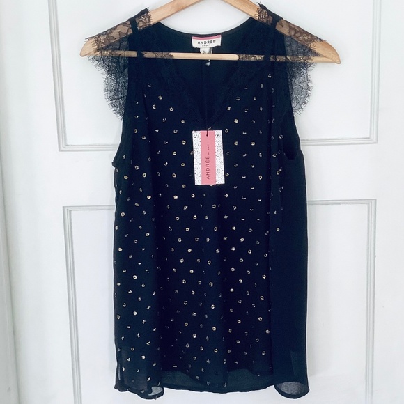 ANDREE BY UNIT Black Gold Polka Dot Lace Flutter Cap Sleeve Top Sz S Evening NWT - Picture 1 of 14